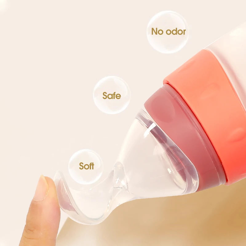 100ml Liquid Silicone Baby Feeder Rice Paste Fruit Puree Toddler Squeeze Feeding Bottle with Dispensing Spoon