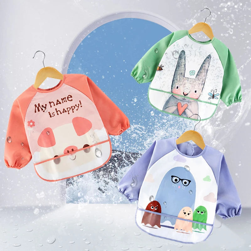 Baby Cartoon Waterproof Bibs Long Sleeve Feeding Apron Feeding Baby Accessories 0-3Years